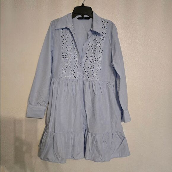 Zara Eyelet Shirt Dress In Light Blue Size Small - Picture 2 of 14